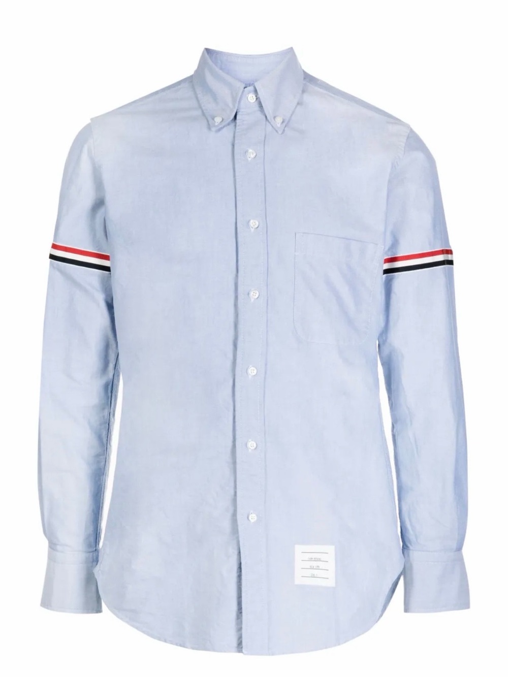 Thom Browne Light Blue Button-Down Shirt with Red-White-Navy Sleeve Bands